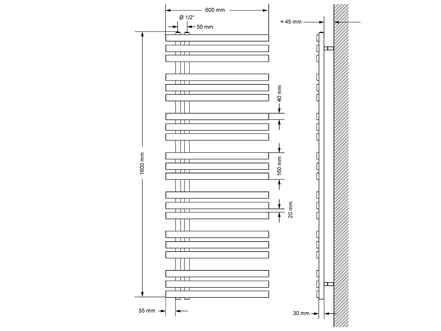 Iron EM Radiator Radiateur sèche-serviettes Radiateur de salle de bain blanc 60x160 cm