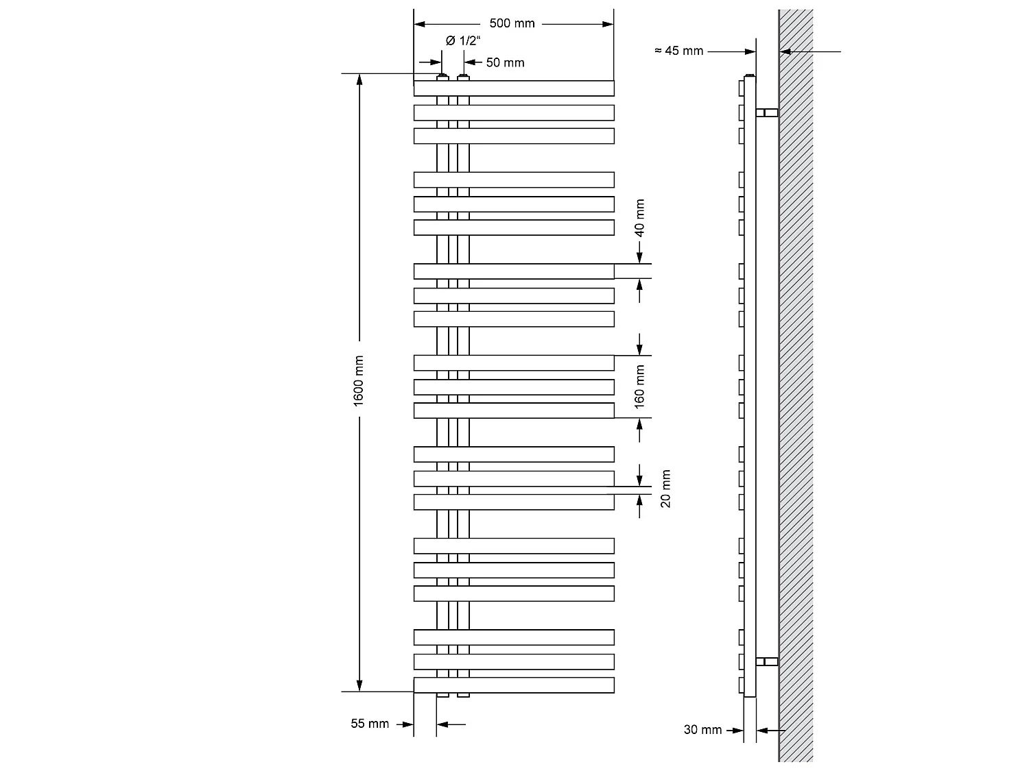 Ferro EM Radiatore Radiatore per asciugamani Radiatore per bagno Bianco 50x160cm