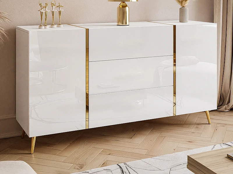 Sideboard mit 2 Türen & 3 Schubladen - Weiß glänzend & Goldfarben - MARZIALO