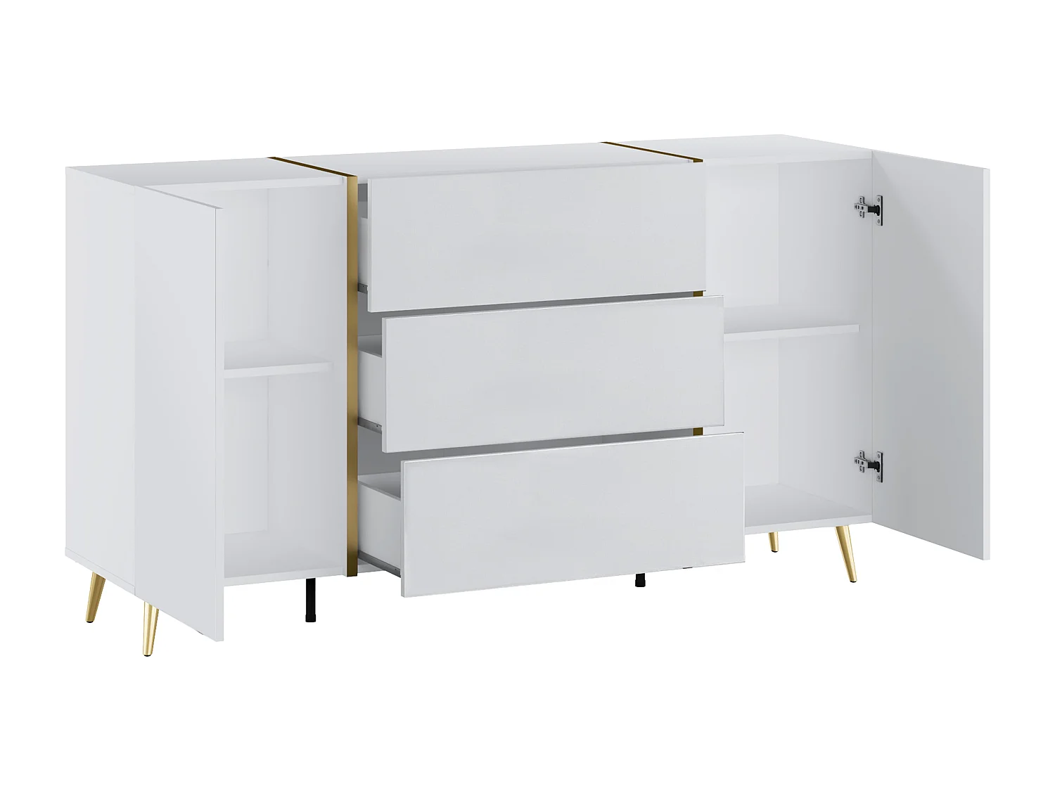 Aparador con 2 puertas y 3 cajones - Blanco brillante y Dorado - MARZIALO