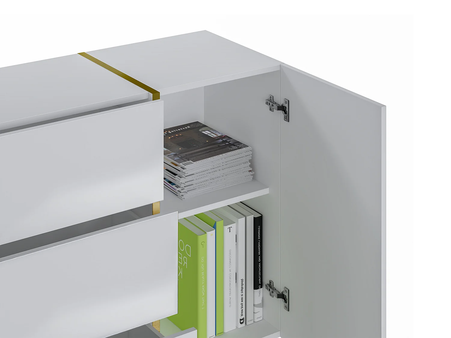 Buffetkast met 2 deurtjes en 3 lades - Glanzend wit en goudkleurig - MARZIALO