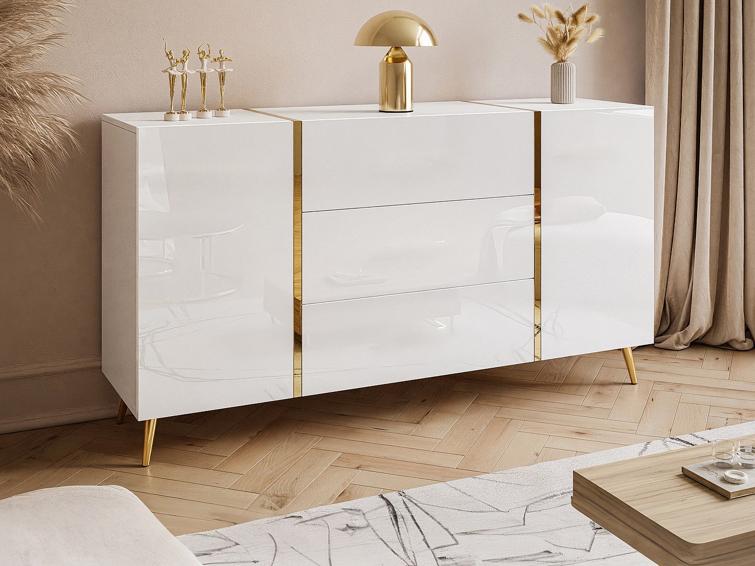 Sideboard mit 2 Türen & 3 Schubladen - Weiß glänzend & Goldfarben - MARZIAL günstig online kaufen