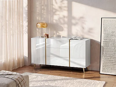 Sideboard with 2 doors and 3 drawers - High Gloss White and gold - MARZIALO