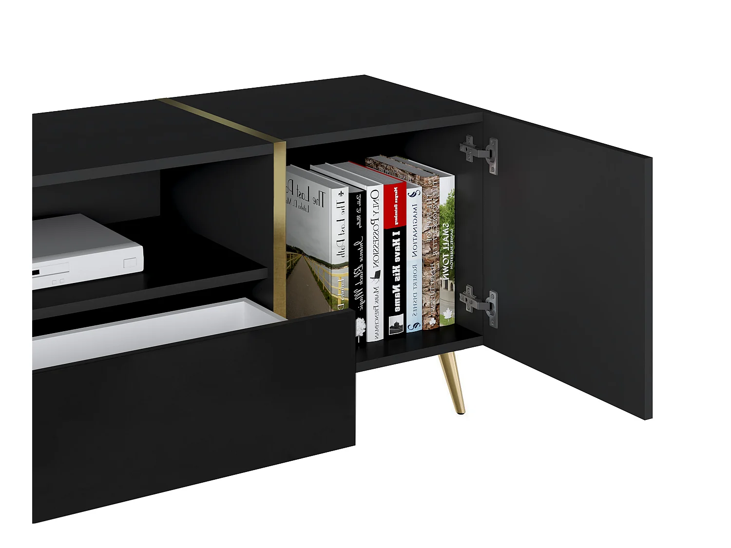 Mueble TV con 2 puertas, 1 cajón y 1 estante - Negro brillante y Dorado - MARZIALO