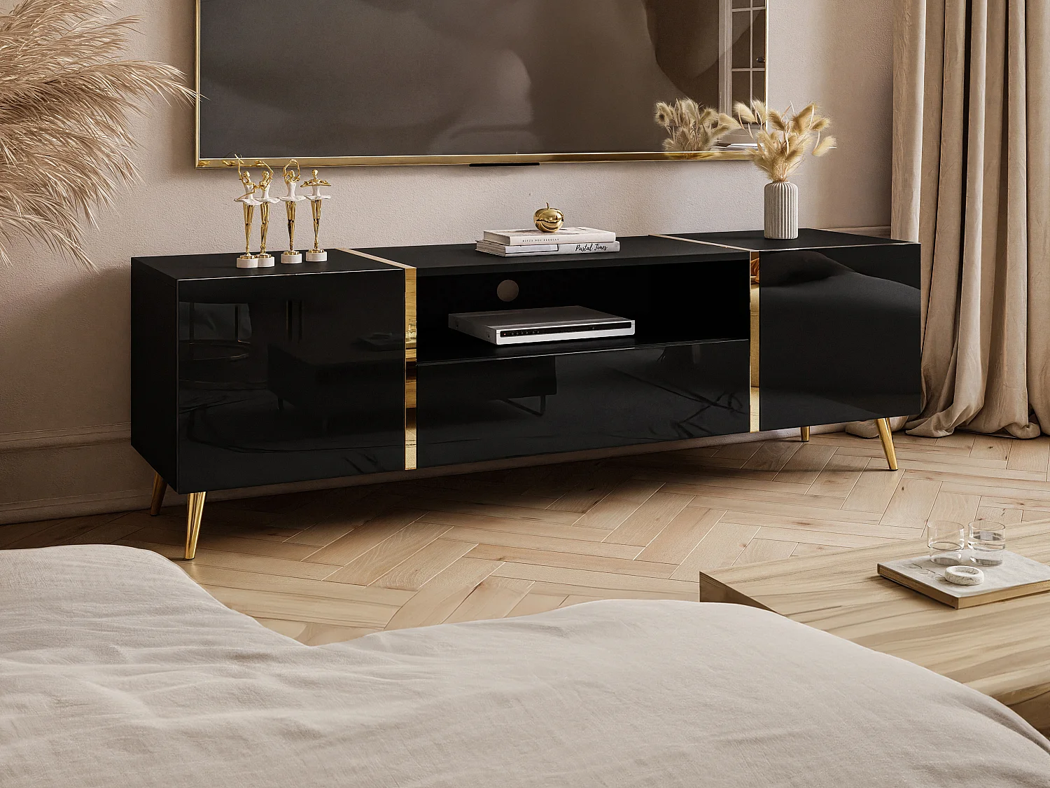 Mueble TV con 2 puertas, 1 cajón y 1 estante - Negro brillante y Dorado - MARZIALO