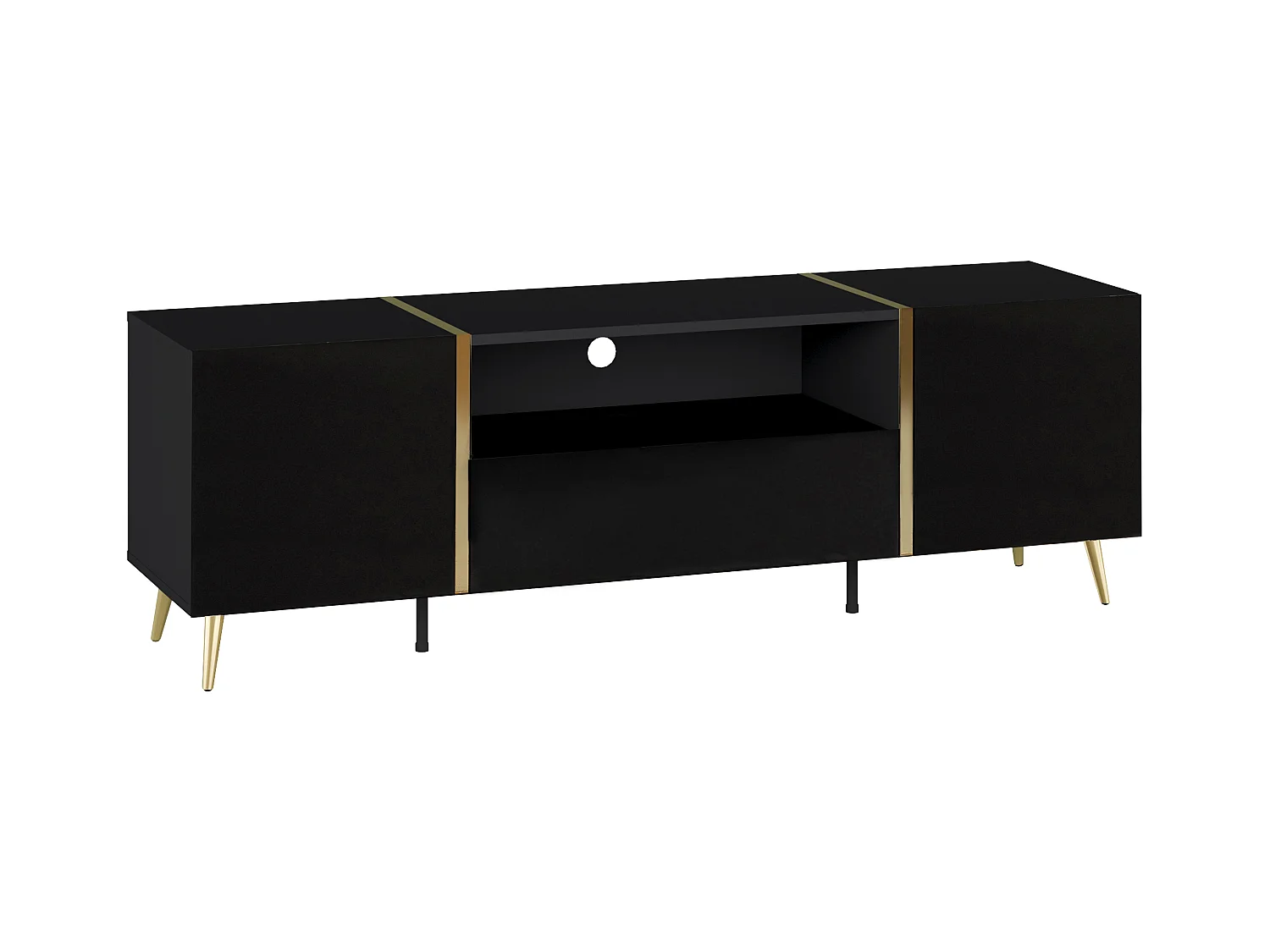 Meuble TV avec 2 portes, 1 tiroir et 1 niche - Noir brillant et Doré - MARZIALO