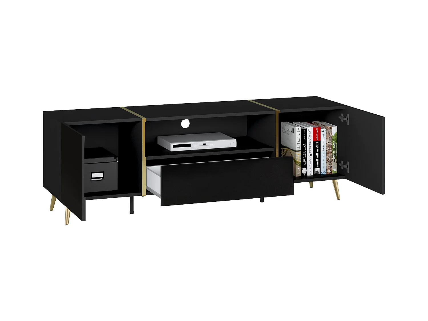 Meuble TV avec 2 portes, 1 tiroir et 1 niche - Noir brillant et Doré - MARZIALO
