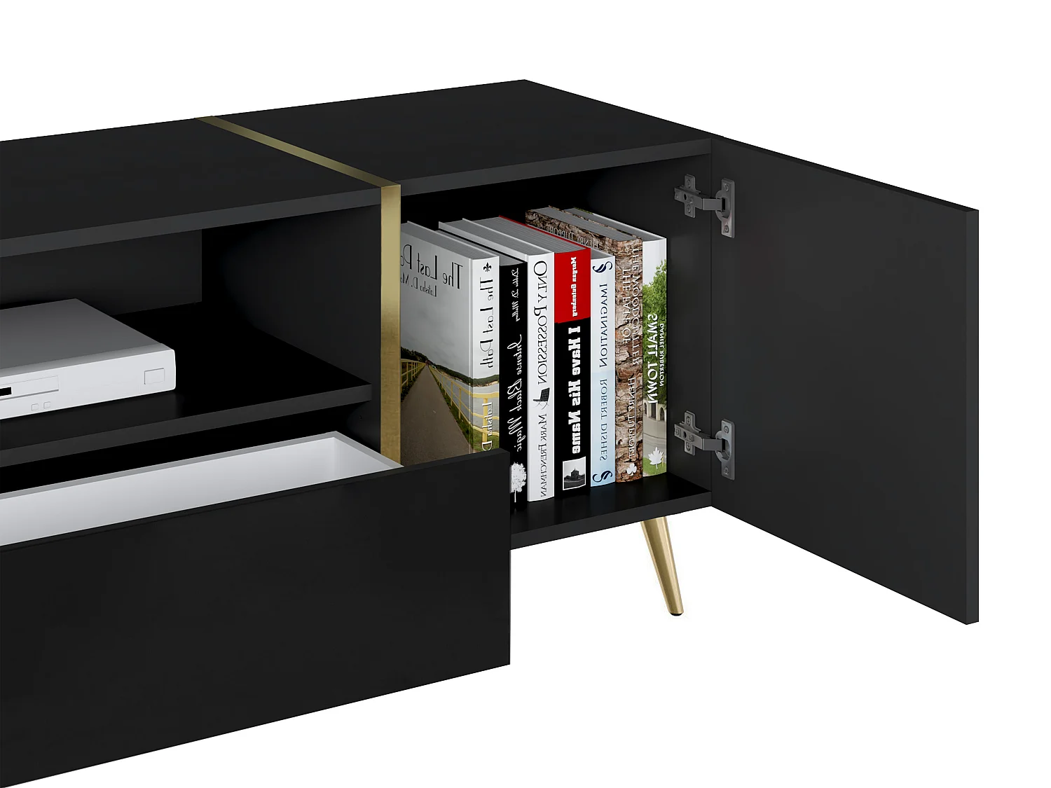 Meuble TV avec 2 portes, 1 tiroir et 1 niche - Noir brillant et Doré - MARZIALO