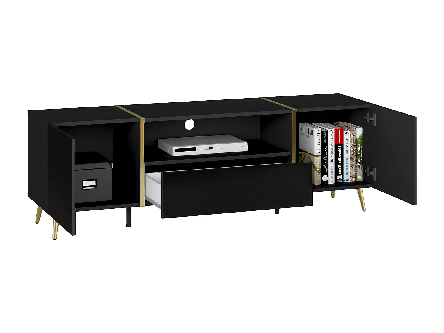 Meuble TV avec 2 portes, 1 tiroir et 1 niche - Noir brillant et Doré - MARZIALO