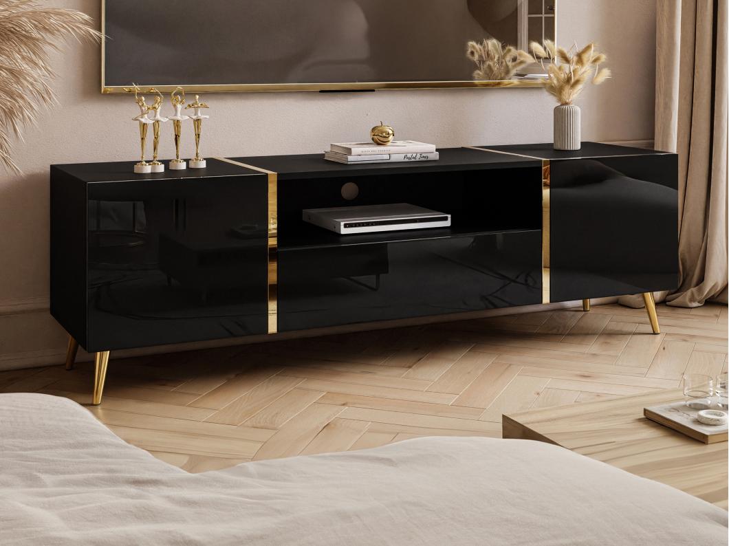 Meuble TV avec 2 portes, 1 tiroir et 1 niche - Noir brillant et Doré - MARZIALO