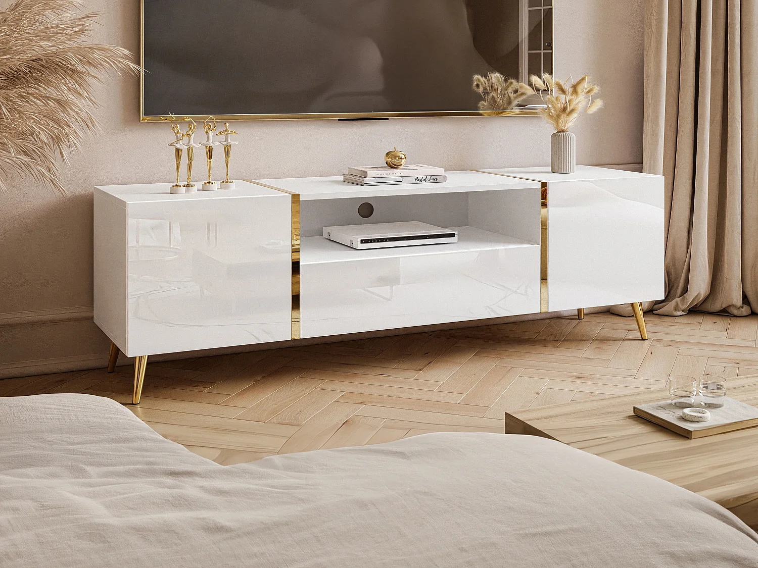 Meuble TV avec 2 portes, 1 tiroir et 1 niche - Blanc brillant et Doré - MARZIALO