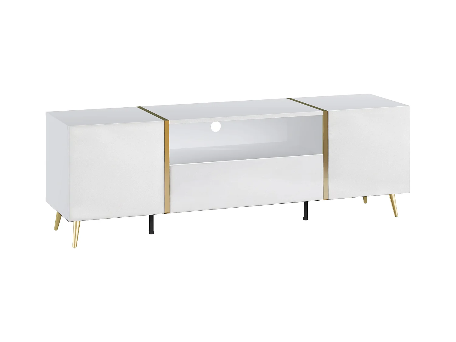 Mueble TV con 2 puertas, 1 cajón y 1 estante - Blanco brillante y Dorado - MARZIALO