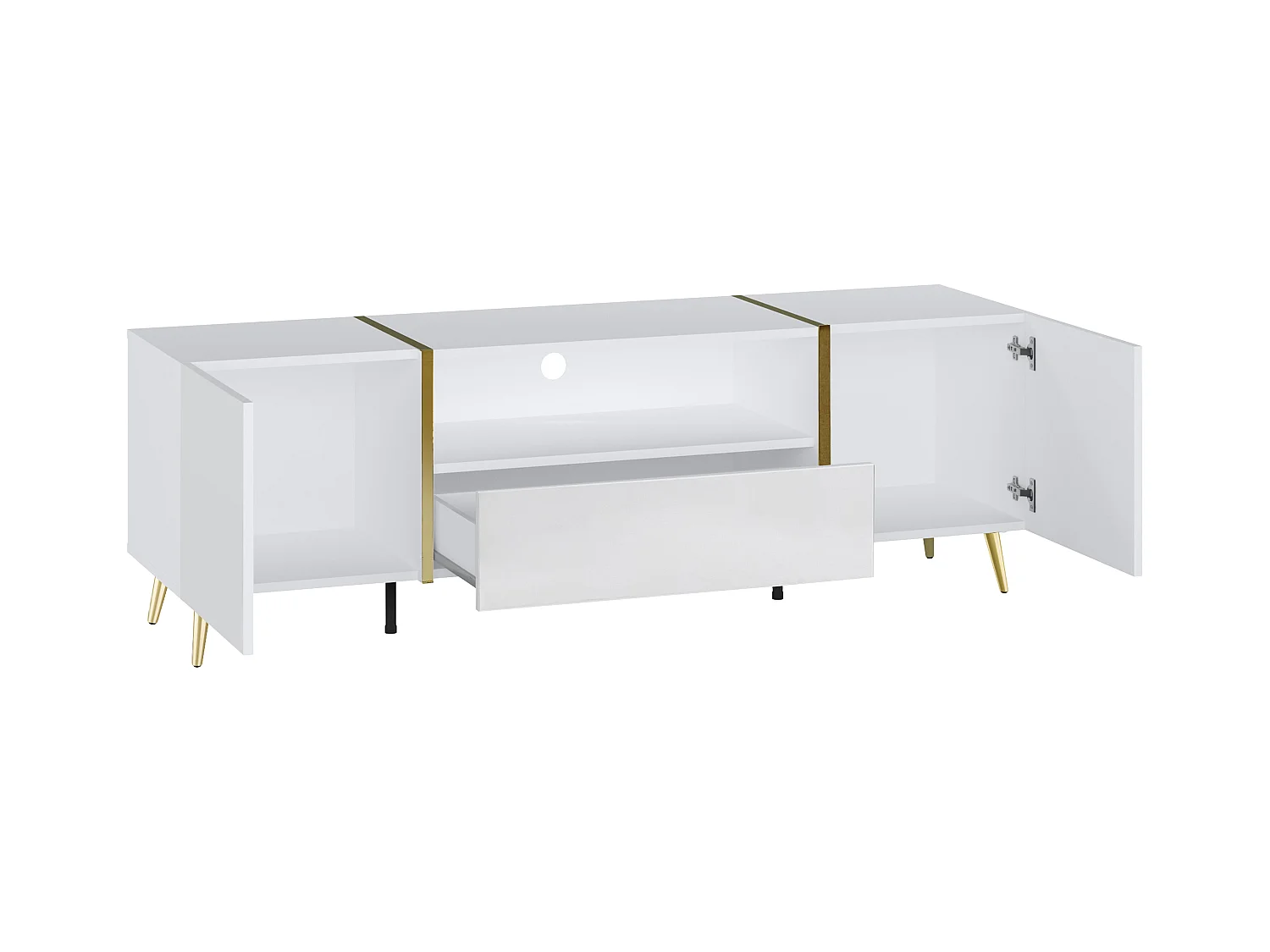 Mueble TV con 2 puertas, 1 cajón y 1 estante - Blanco brillante y Dorado - MARZIALO