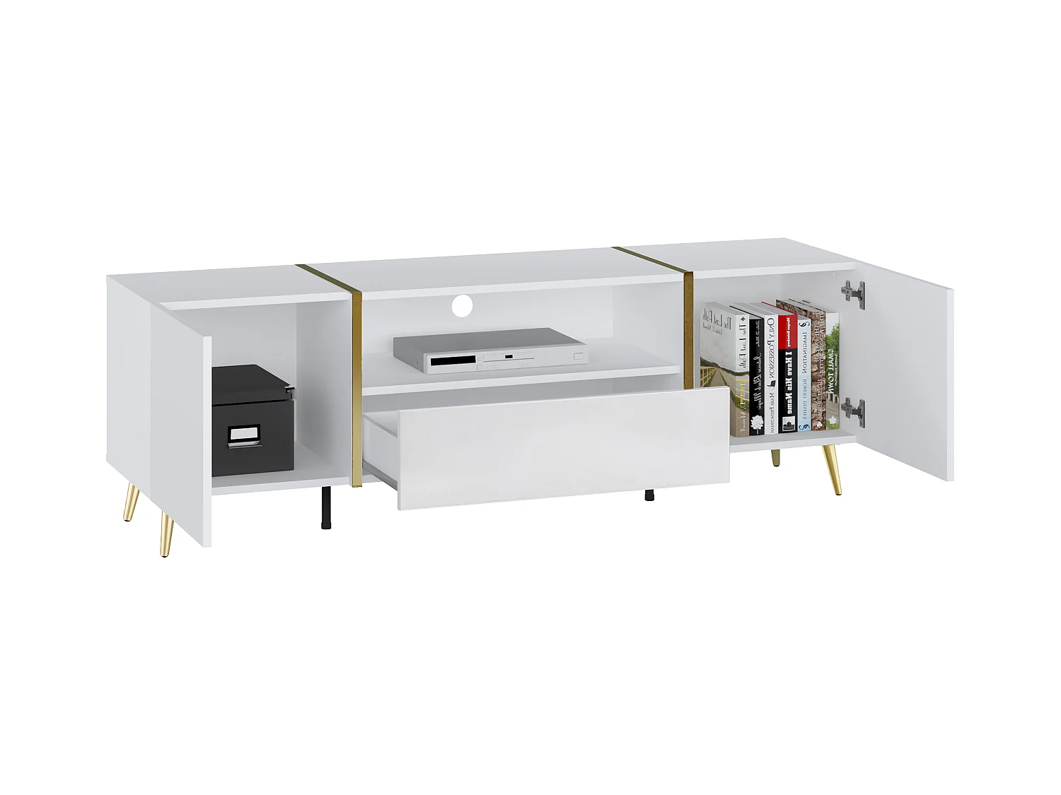 Mueble TV con 2 puertas, 1 cajón y 1 estante - Blanco brillante y Dorado - MARZIALO