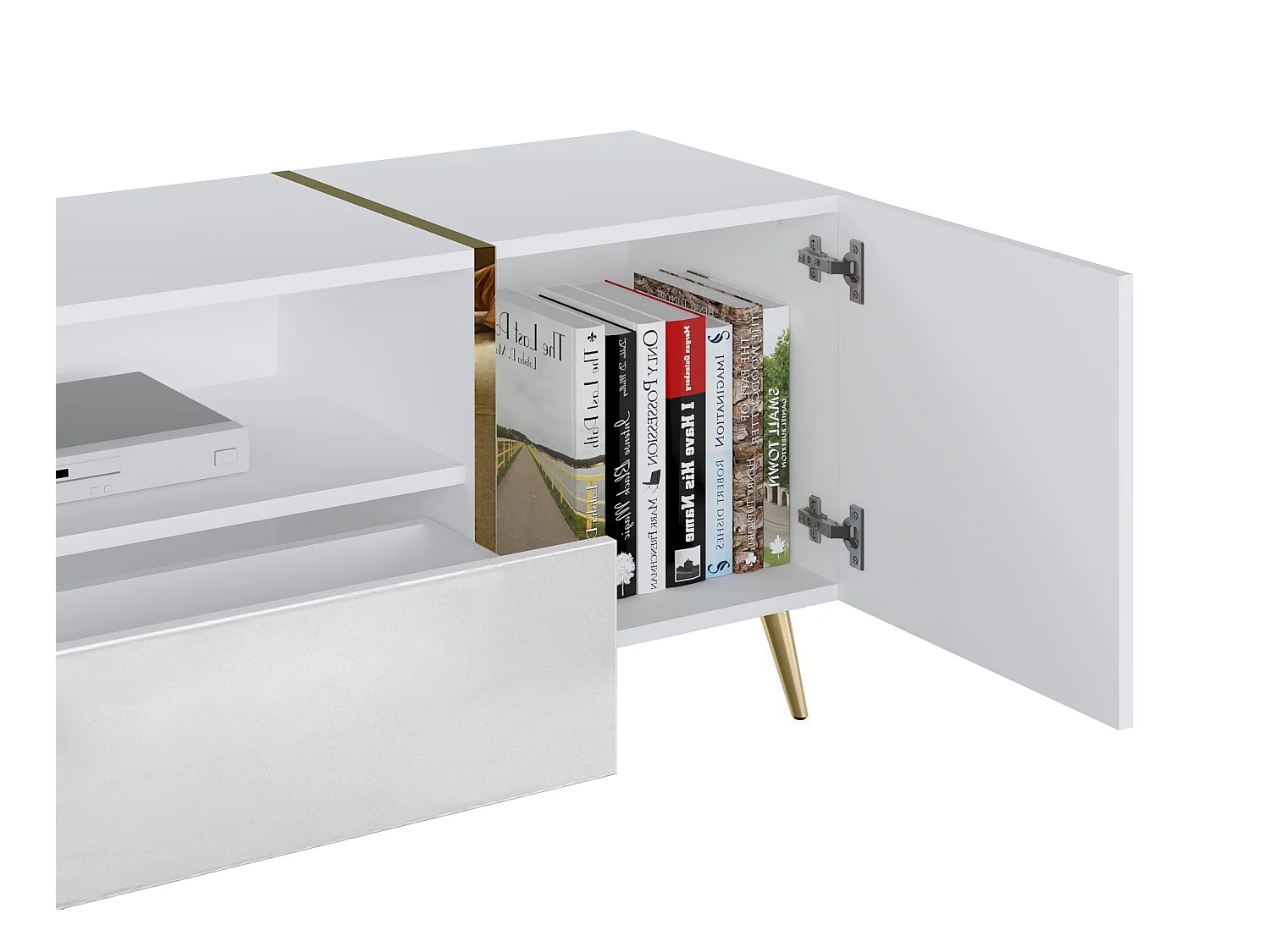 Mueble TV con 2 puertas, 1 cajón y 1 estante - Blanco brillante y Dorado - MARZIALO