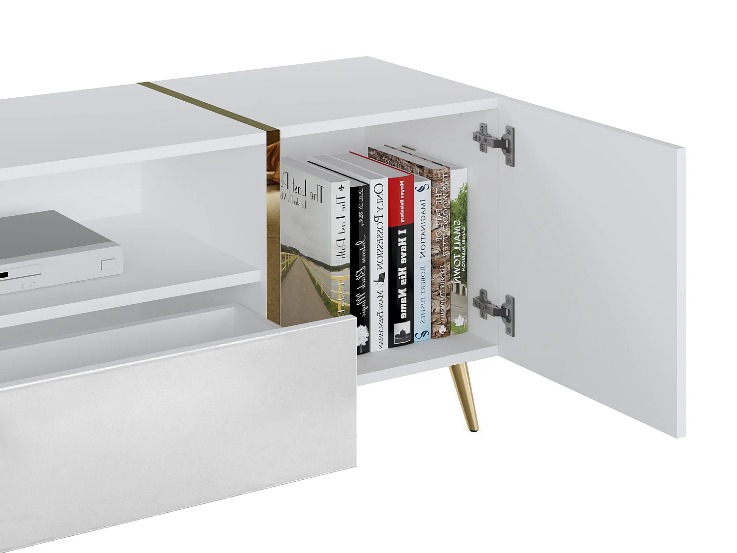 TV-bänk med 2 dörrar och låda i  högglans vit och guld MARZIALO