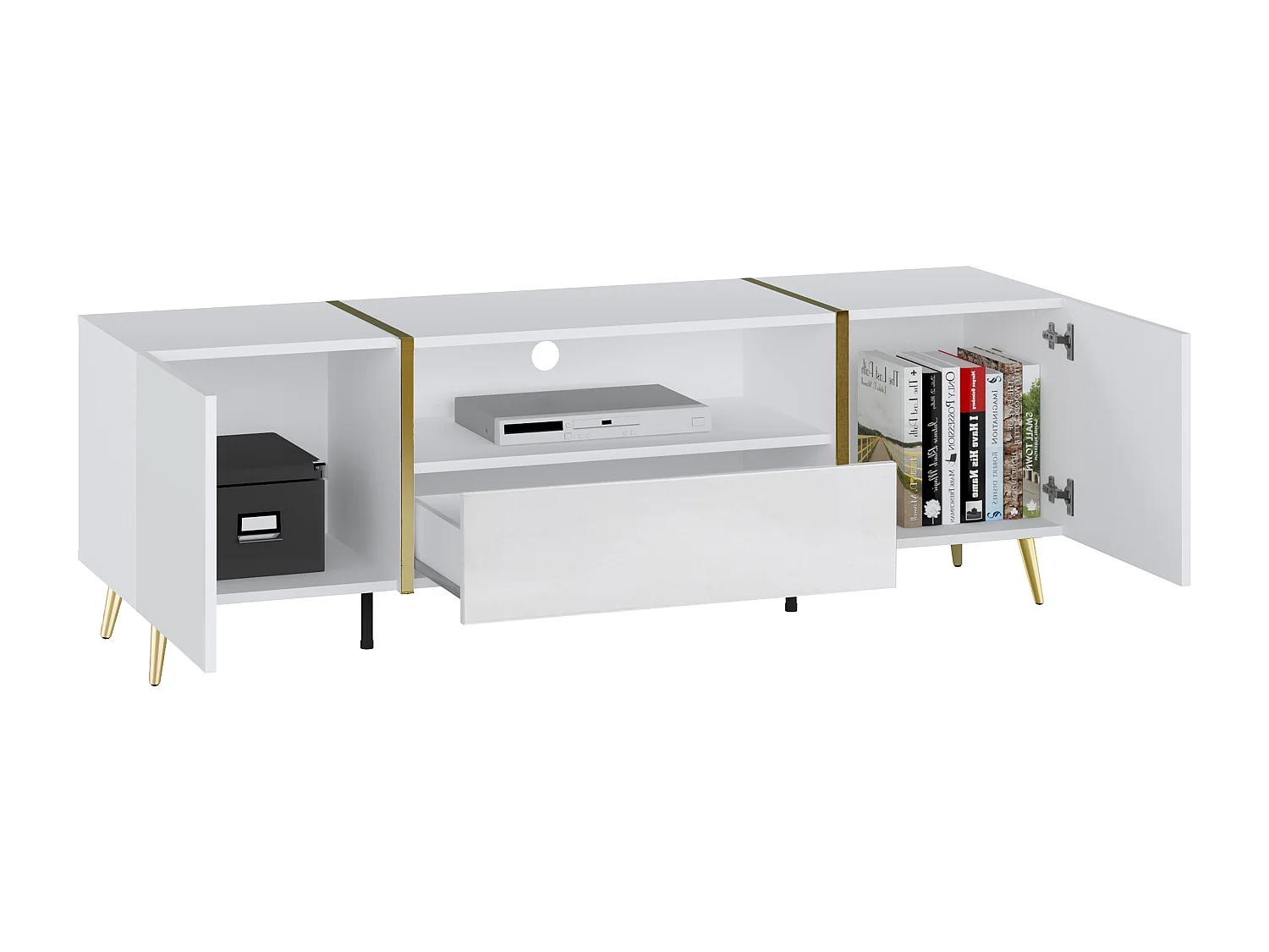 TV-bänk med 2 dörrar och låda i  högglans vit och guld MARZIALO