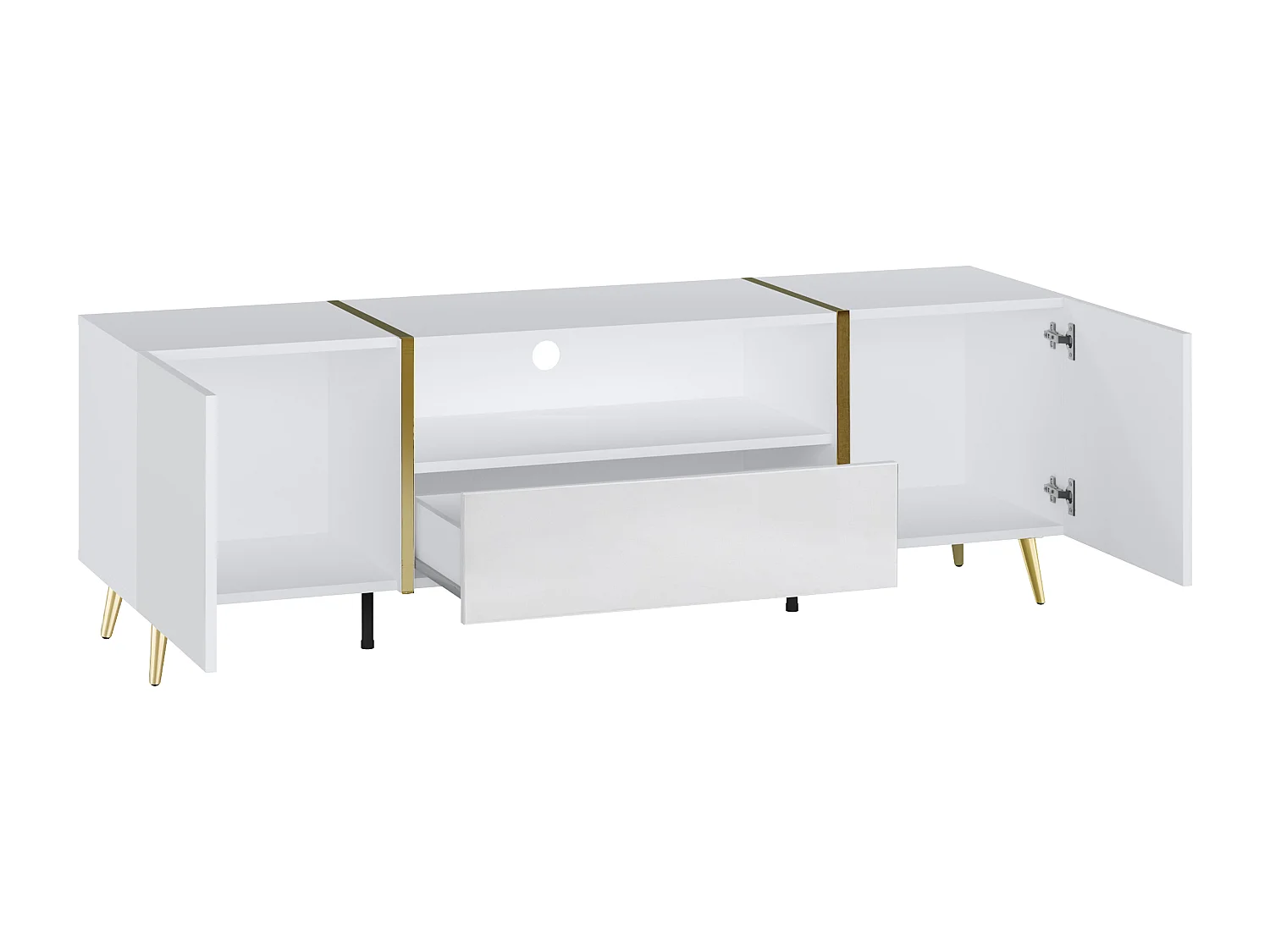 TV-bänk med 2 dörrar och låda i  högglans vit och guld MARZIALO