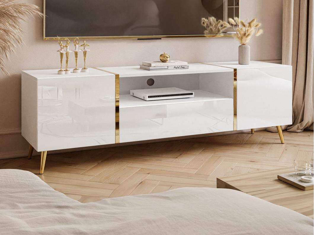 Meuble TV avec 2 portes, 1 tiroir et 1 niche - Blanc brillant et Doré - MARZIALO