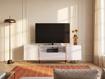 Meuble TV avec 2 portes, 1 tiroir et 1 niche - Blanc brillant et Doré - MARZIALO