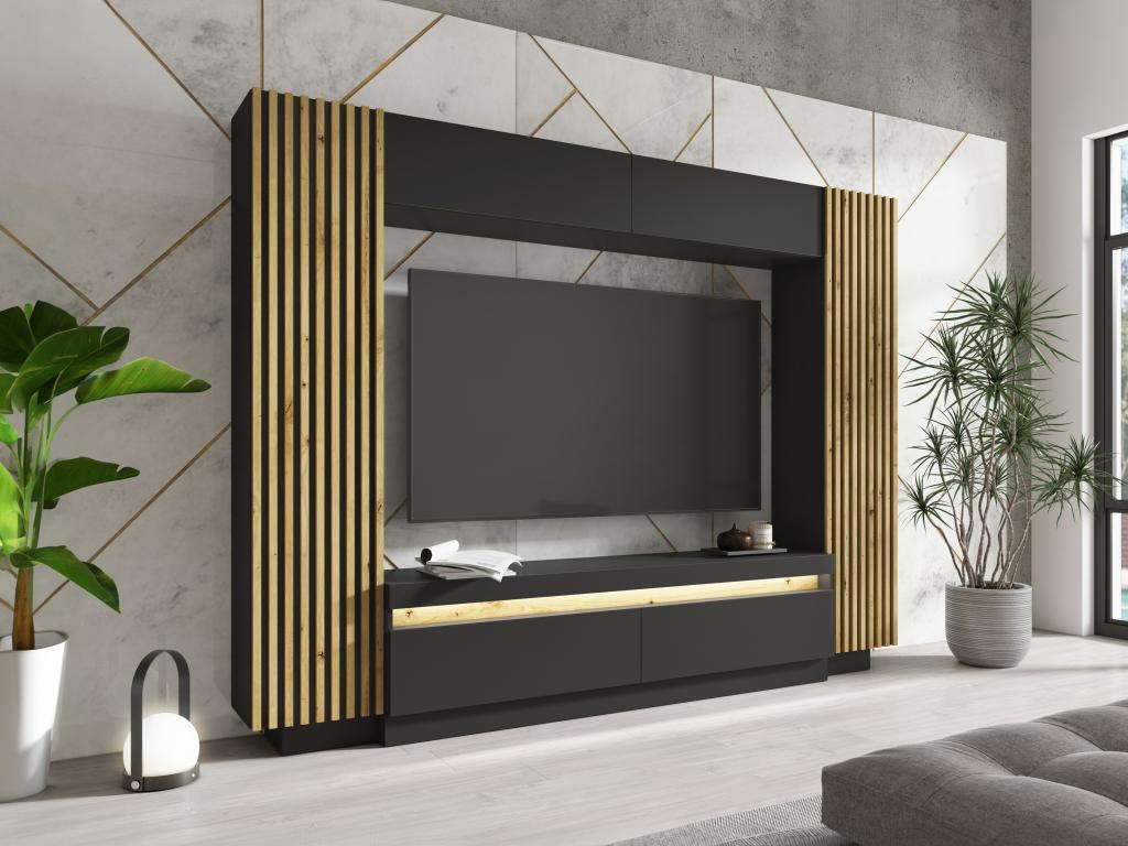 TV-Wand mit Stauraum - LEDs - Schwarz & Holzfarben - LIONEA günstig online kaufen