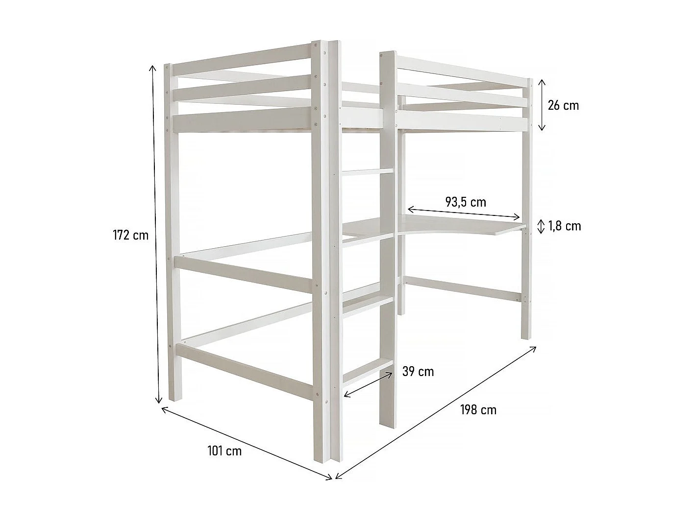Kinderbett Mezzanine mit Schreibtisch "Angéla" 190 x 90 cm - Weiß
