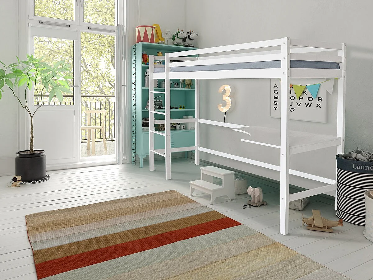 Kinderhoogslaper met geïntegreerd bureau "Angéla" 90x190cm - Wit