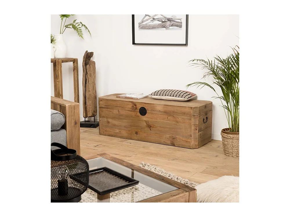 SANDY - Coffre rangement marron bois Pin recyclé poignées métal noir