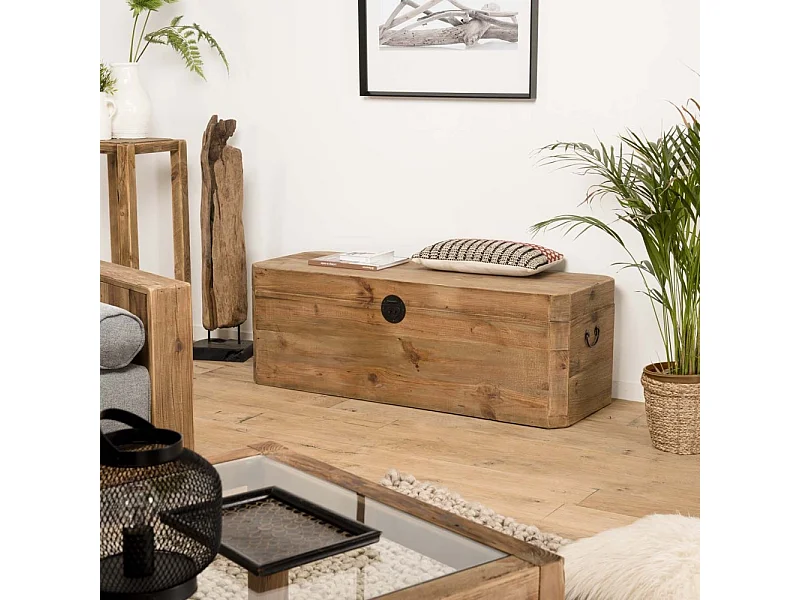 SANDY - Coffre rangement marron bois pin recyclé poignées métal noir