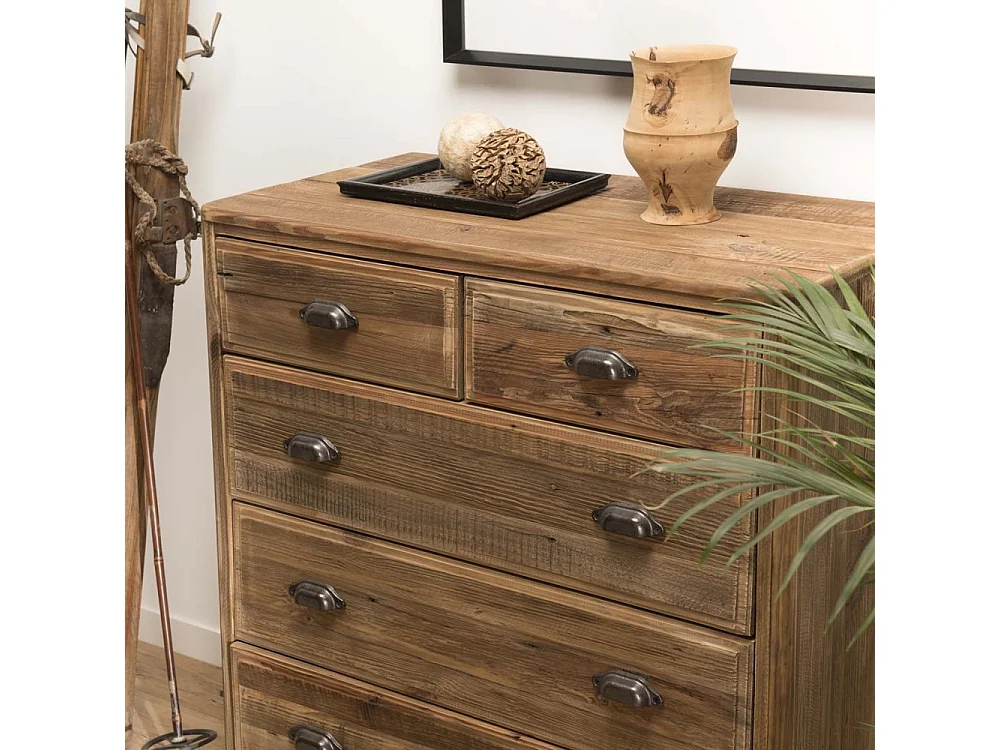 SANDY - Meuble chiffonnier marron 5 tiroirs bois pin recyclé