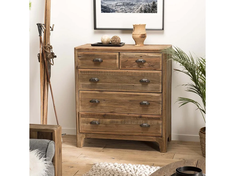 SANDY - Meuble chiffonnier marron 5 tiroirs bois pin recyclé