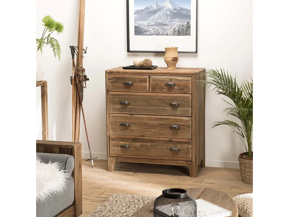 SANDY - Meuble chiffonnier marron 5 tiroirs bois pin recyclé