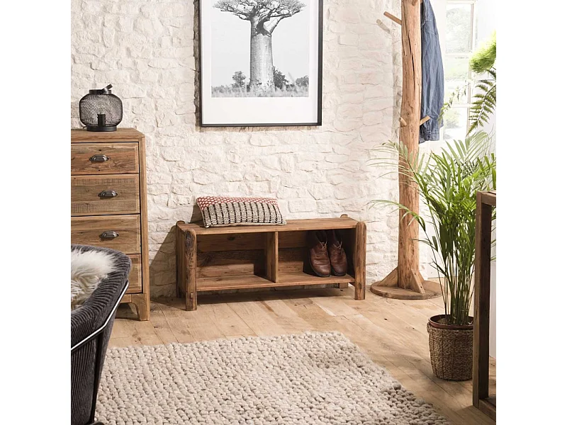 SANDY - Étagère 2 niches/Rangement chaussures marron bois Pin recyclé