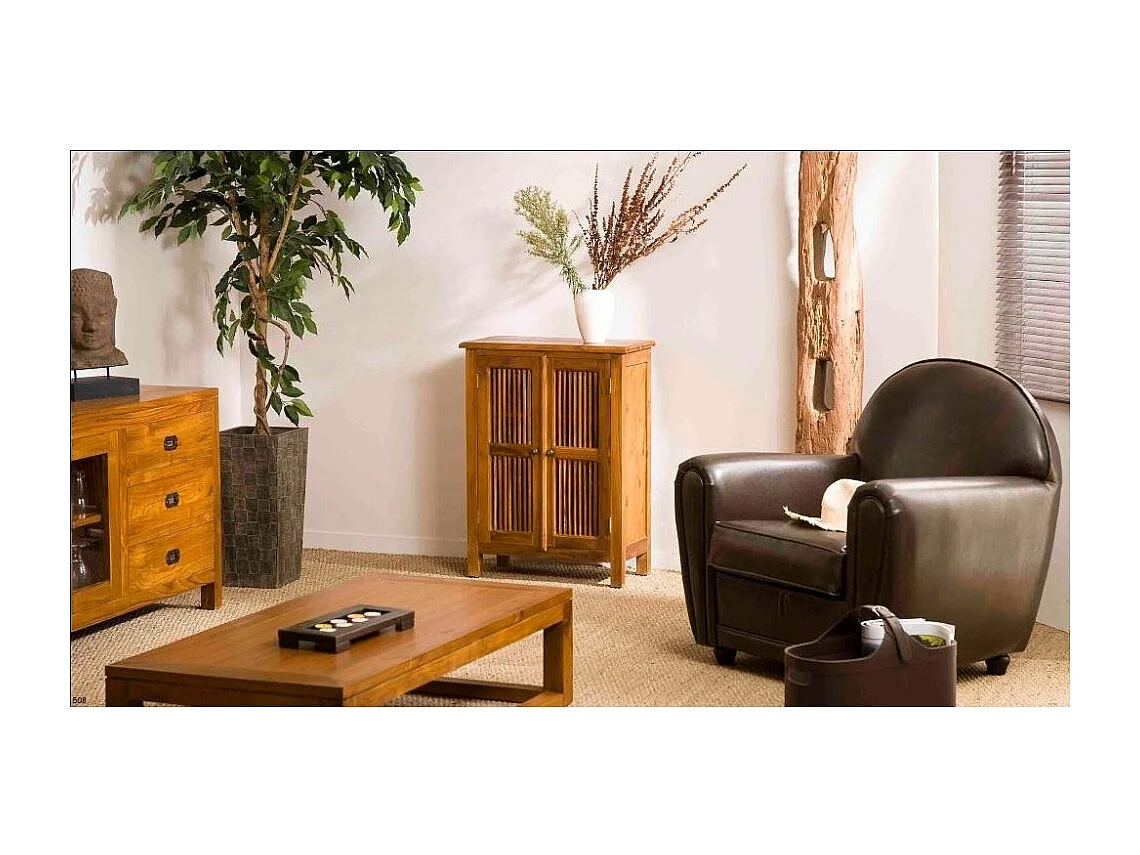 API - Meuble de rangement marron 2 portes persiennes bois Teck