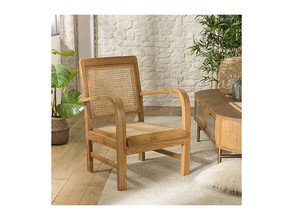 DAK - Fauteuil marron clair en bois de Mindi et cannage