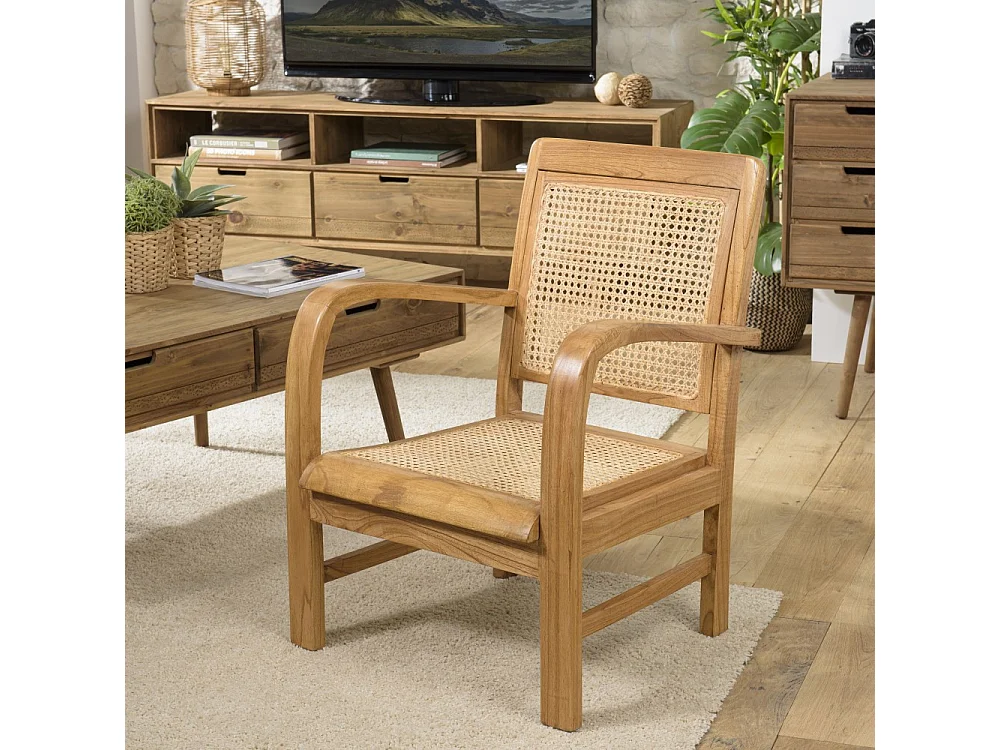 DAK - Fauteuil marron clair en bois de Mindi et cannage
