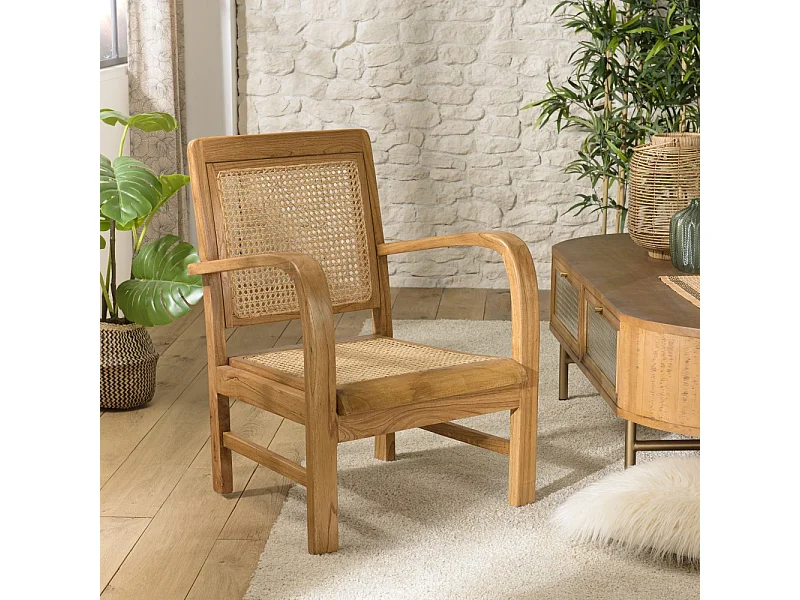 DAK - Fauteuil marron clair en bois de Mindi et cannage