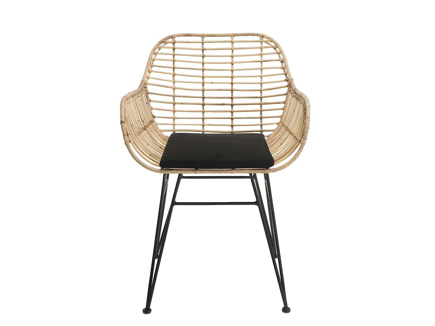 CHLOE - Fauteuil rotin naturel LONG ISLAND coussin noir pieds métal