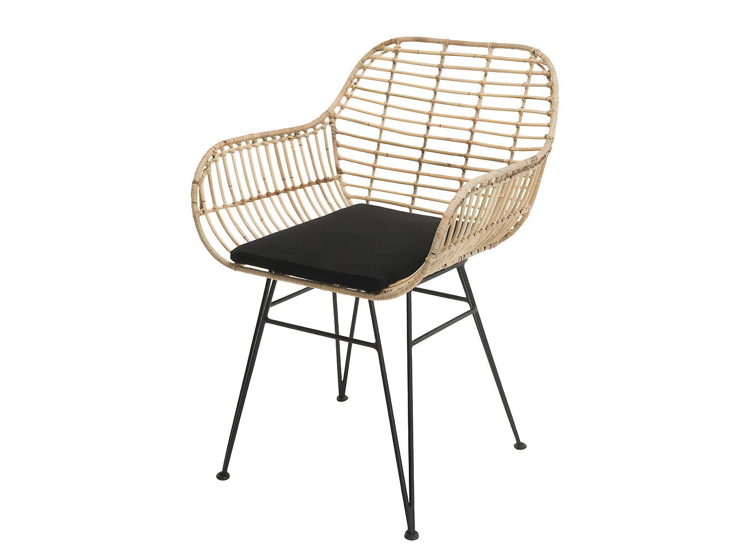 CHLOE - Fauteuil rotin naturel LONG ISLAND coussin noir pieds métal