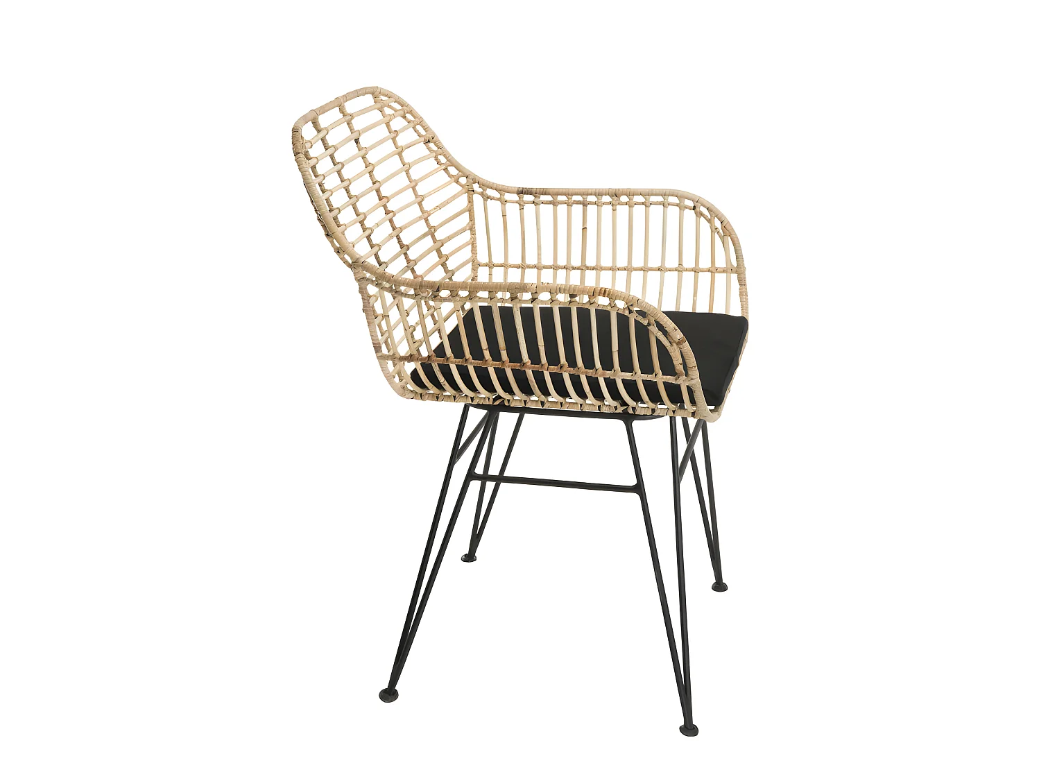 CHLOE - Fauteuil rotin naturel LONG ISLAND coussin noir pieds métal