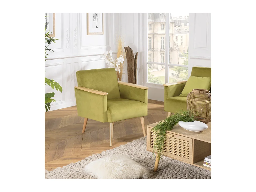 AGATHE - Fauteuil velours vert clair pieds et accoudoirs bois