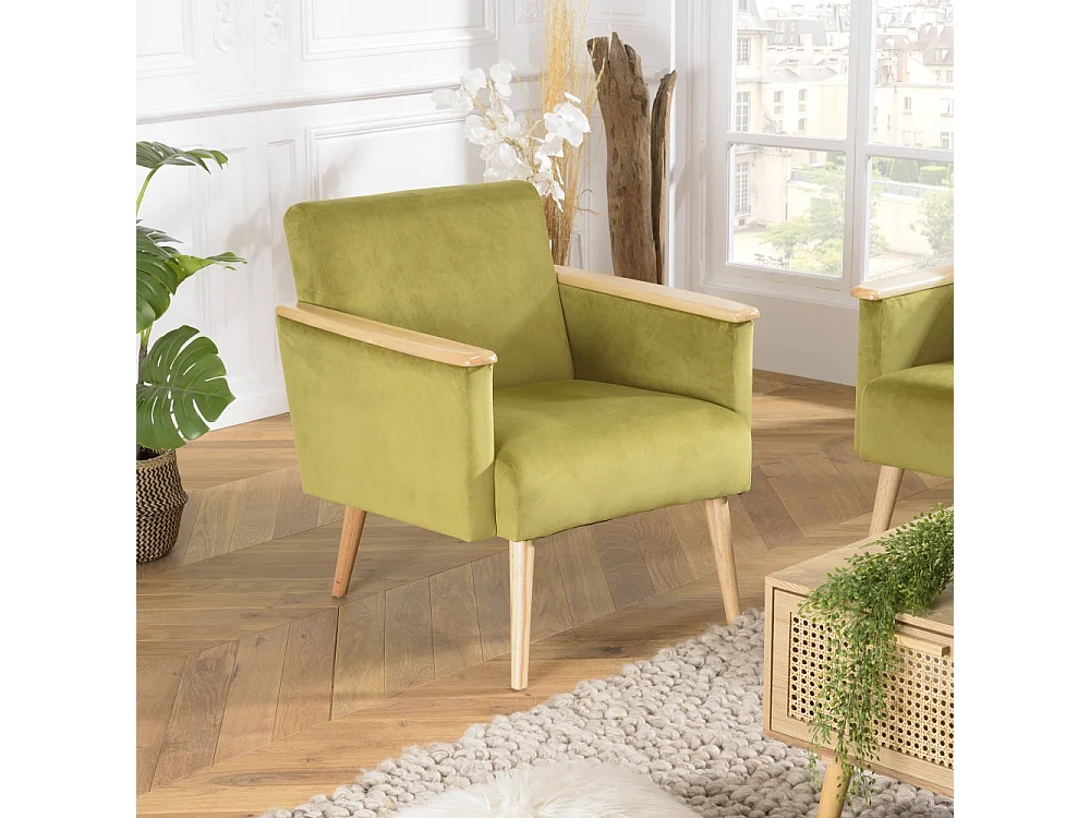 AGATHE - Fauteuil pieds accoudoirs bois et tissu velours vert