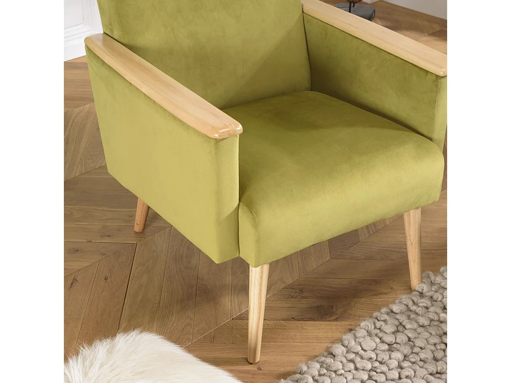 AGATHE - Fauteuil pieds accoudoirs bois et tissu velours vert