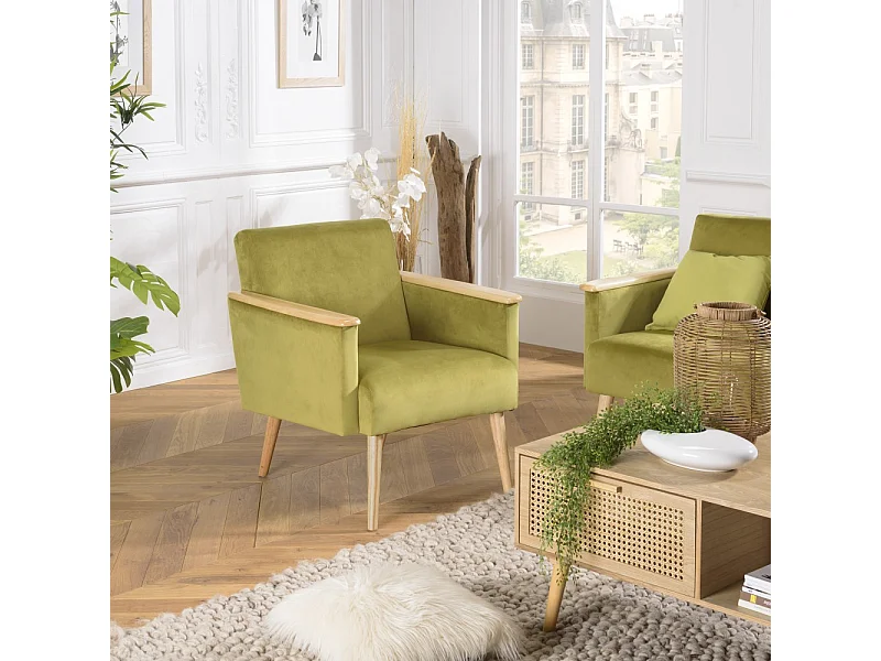 AGATHE - Fauteuil pieds accoudoirs bois et tissu velours vert