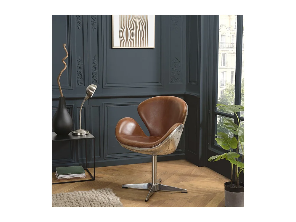 GASTON - Fauteuil marron NEVADA vintage cuir pied aluminium