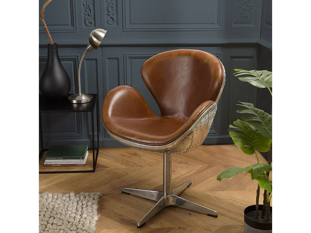 GASTON - Fauteuil NEVADA vintage cuir marron pied aluminium