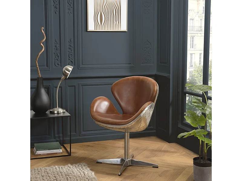 GASTON - Fauteuil NEVADA vintage cuir marron pied aluminium