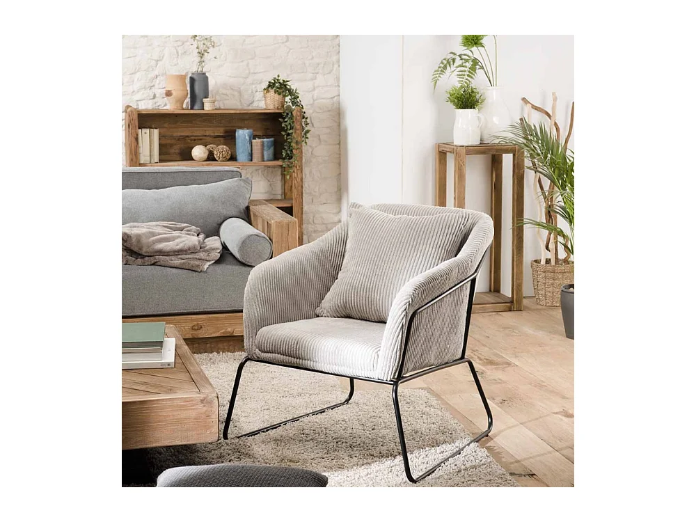 AGATHE - Fauteuil tissu velours cotelé gris perle pieds évasés métal