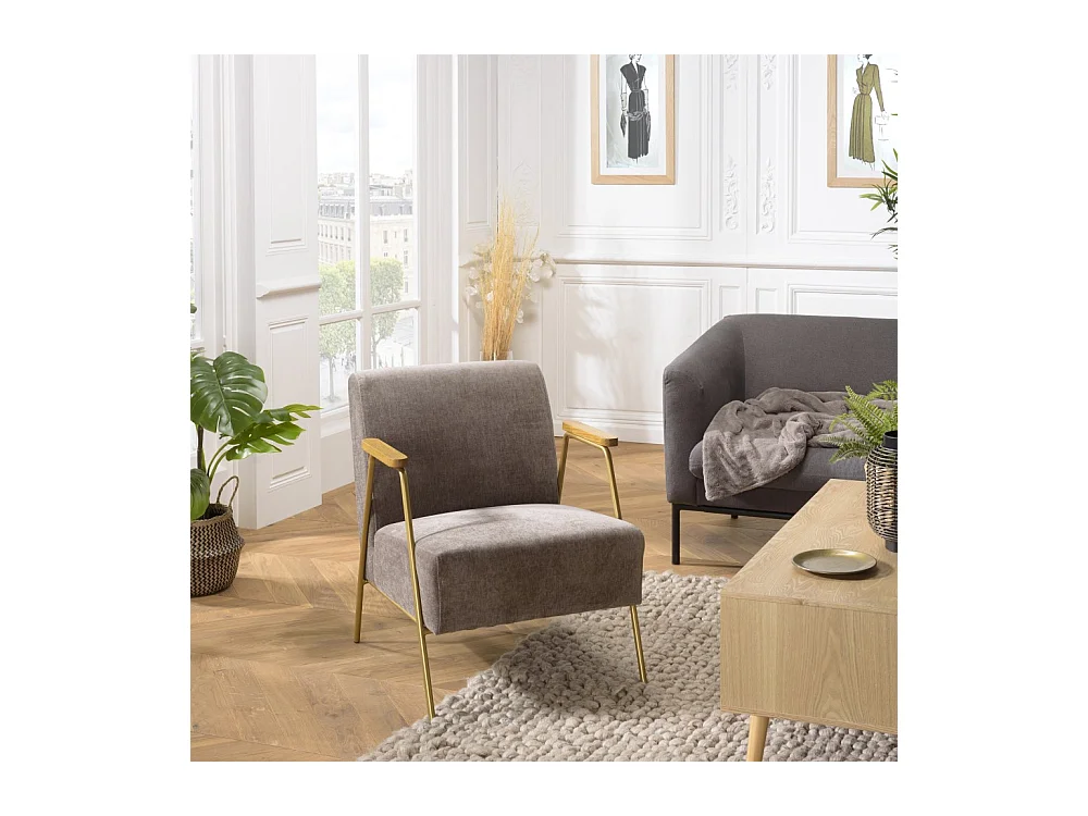 AGATHE - Fauteuil lounge tissu taupe métal doré accoudoirs bois