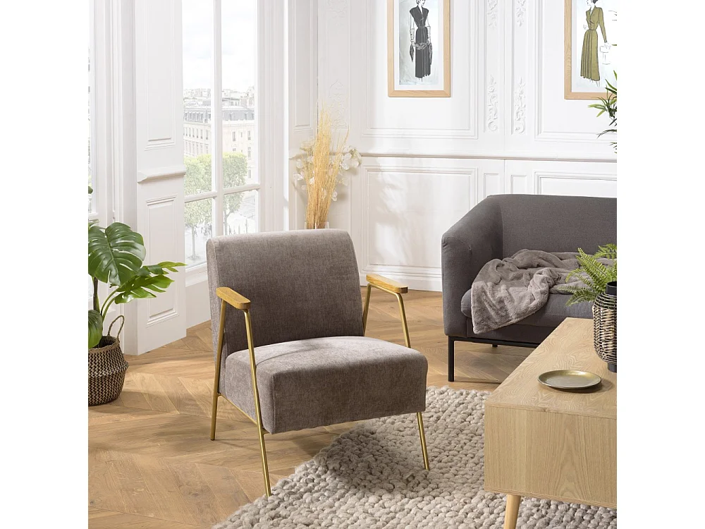AGATHE - Fauteuil lounge pieds doré accoudoirs bois et tissu taupe